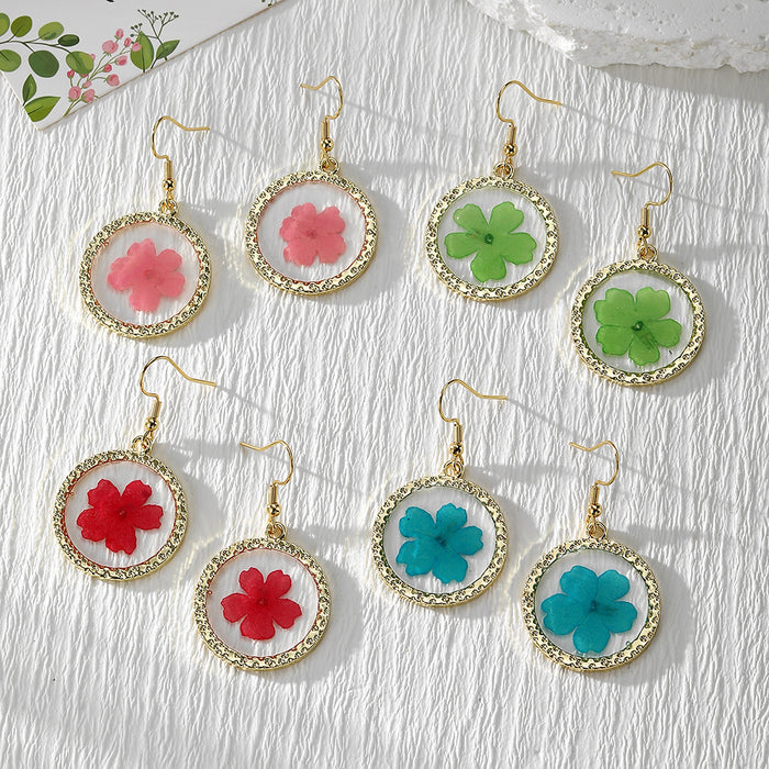 Gold Round Frame Pressed Flower Resin Drop Earrings
