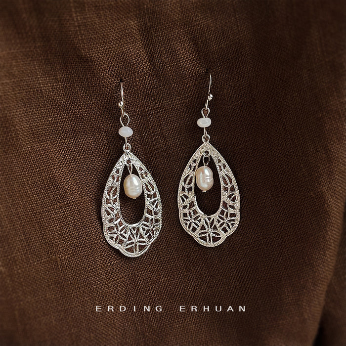 Silver Tone Openwork Teardrop Flower And White Pearl Hook Earrings