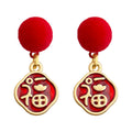 Red Pom Pom Fu Character Drop Earrings Enamel Pair view 5
