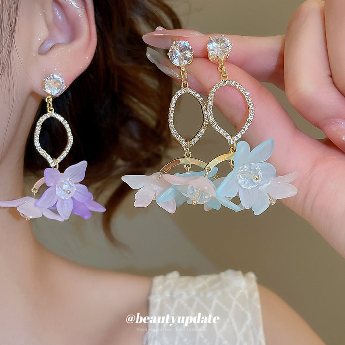 Purple And Blue Floral Crystal Drop Stud Earrings Jewelry Pair
