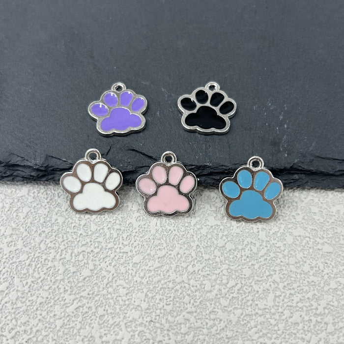 Enamel Paw Print Charm Pendant Silver Tone Five Colors