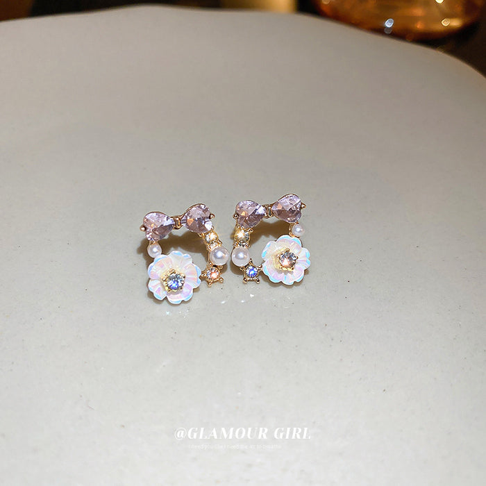 Purple Crystal Flower and Pearl Stud Earrings Fashion Jewelry