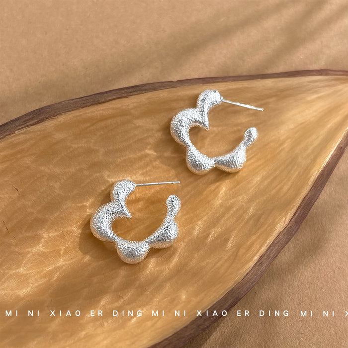 Silver Tone Sandblast Flower Open Hoop Stud Earrings Pair