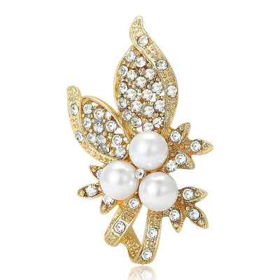 Gold pearl rhinestone leaf brooch front view on white