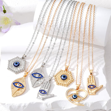 Gold and Silver Tone Geometric Hamsa Evil Eye Pendant Necklaces