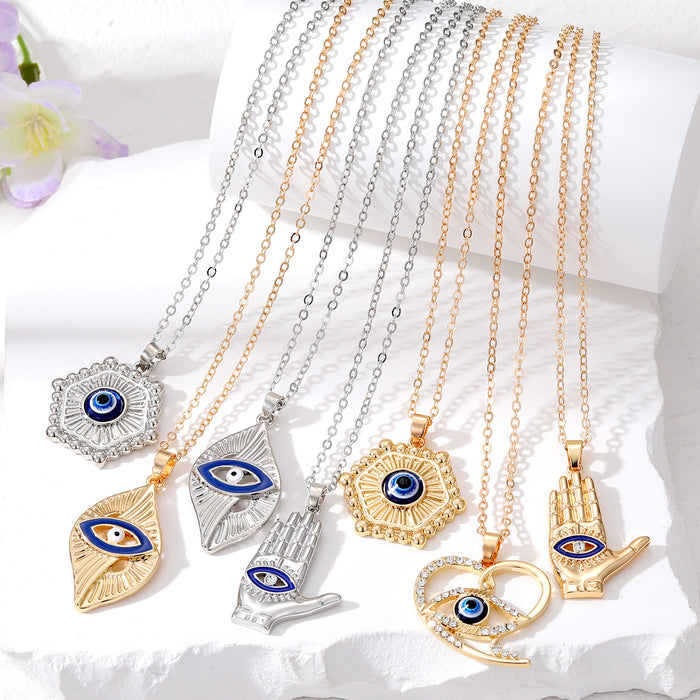 Gold and Silver Tone Geometric Hamsa Evil Eye Pendant Necklaces