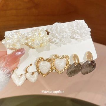Gold White Flower Heart Pearl Multi Style Earring Set