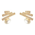 Gold-Tone Triple Bar Pearl Drop Stud Earrings Clear Stones view 5