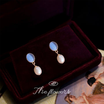 Gold Tone Pale Blue Oval Cat Eye And Baroque Pearl Stud Earrings