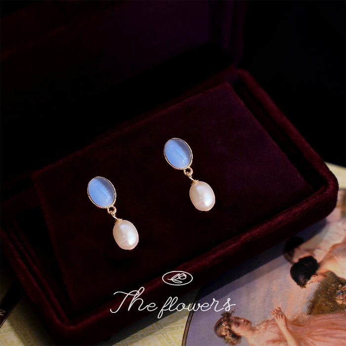 Gold Tone Pale Blue Oval Cat Eye And Baroque Pearl Stud Earrings