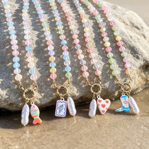Faceted Bead Necklace With Pearl And Painted Charm
