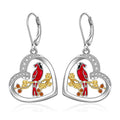 Silver Tone Heart Bird Drop Earrings with Red Enamel Details view 1