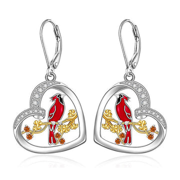 Silver Tone Heart Bird Drop Earrings with Red Enamel Details