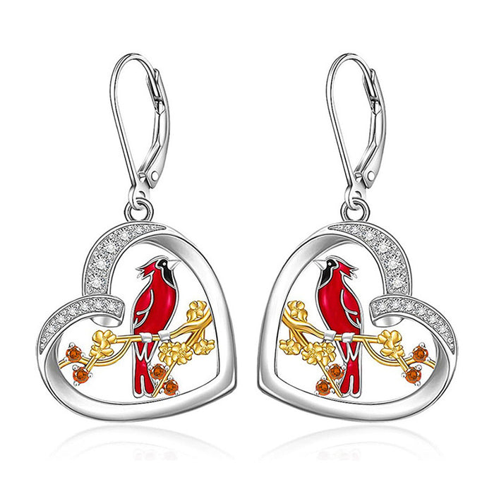 Silver Tone Heart Bird Drop Earrings with Red Enamel Details