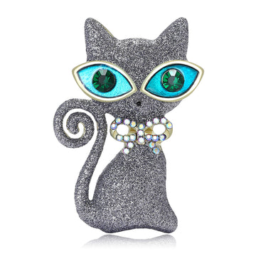 Glitter Cat Brooch in Red or Gray With Oversized Green Eyes