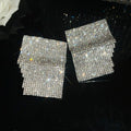Crystal Mesh Layered Square Earrings with Polished Metal Tone Details view 6