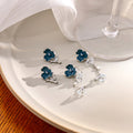 Blue Flower Bird and Crystal Look Chain Long Stud Earrings view 1