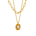 Gold Double Layer Paperclip Box Chain Faux Pearl Pendant Necklace view 5