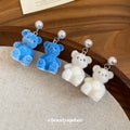 Blue Flocked Teddy Bear Pearl Stud Earrings Decorative Jewelry Design view 3