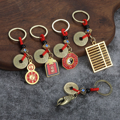 Alloy Wulu Abacus Lucky Coin Keychain with Red Cord Charm