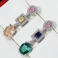 Silver Tone Multicolor Oval Drop Earrings Halo Pave Stations view 2