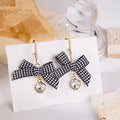 Houndstooth Fabric Bow Drop Earrings Crystal Gold Bar Stud view 1