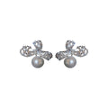 Silver Tone Crystal Bow Stud Earrings With White Pearl Drops view 5