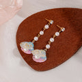 Pearl Chain Iridescent Shell Drop Earrings Gold Tone view 4