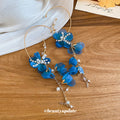 Blue Fabric Flower Hoop Earrings with Beaded Sprays view 2