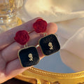 Red Velvet Rose Black Square Drop Earrings Gold Rose Charm view 4