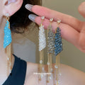 Square Crystal and Chain Tassel Stud Earrings in Four Colors view 2