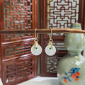 White Disc Green Bamboo Gold Tone Delicate Hook Earrings view 3