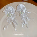 White Fabric Flower and Leaf Statement Drop Earrings view 4