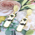 Gold Tone Clear Rectangle Black Rose Drop Stud Earrings view 1