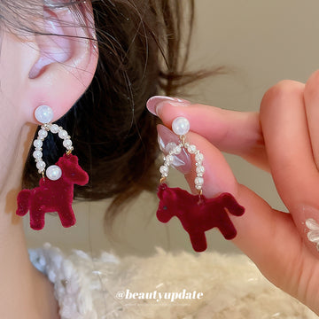 Burgundy Flocked Horse Drop Earrings With Pearl Accents