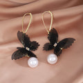 Black Mesh Butterfly White Pearl Look Long Huggie Earrings view 4