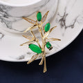 Gold Tone Bamboo Branch Brooch Green Stones Clear Rhinestones view 4