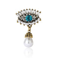 Evil Eye Crystal Brooch with Hanging Pearl in Two Tones view 5