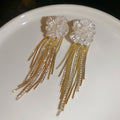 White Flower And Gold Tone Chain Tassel Stud Earrings view 6