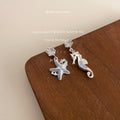 Silver Tone Aqua Starfish And Seahorse Asymmetric Drop Earrings view 4