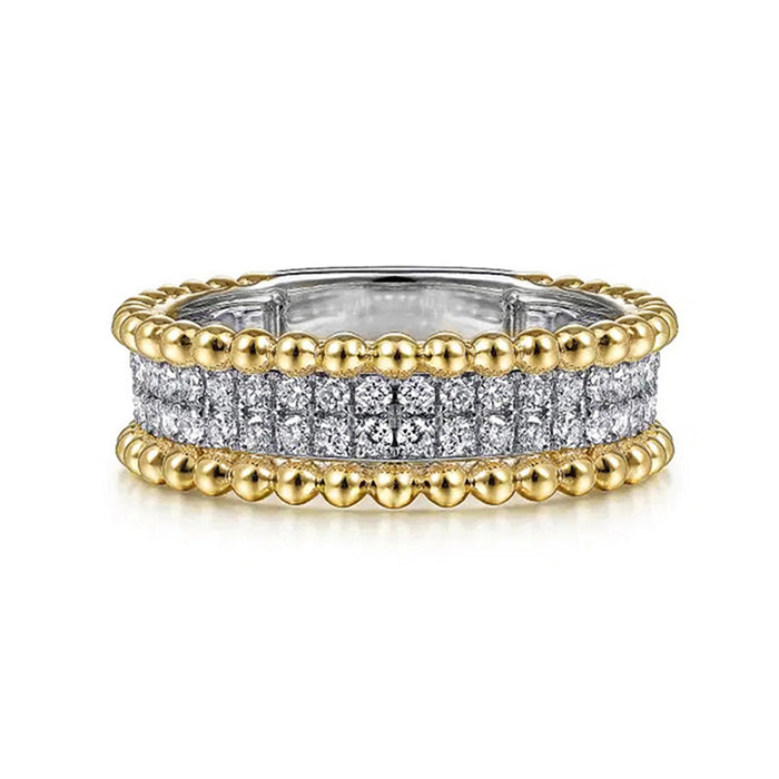 Two Tone Gold Beaded Edge Pave CZ Band Finger Ring