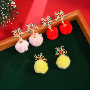 Snowflake Pom Pom Drop Earrings with Colored Rhinestones in Gold Tone