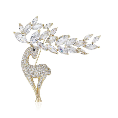 Gold tone crystal deer brooch with marquise antlers front view