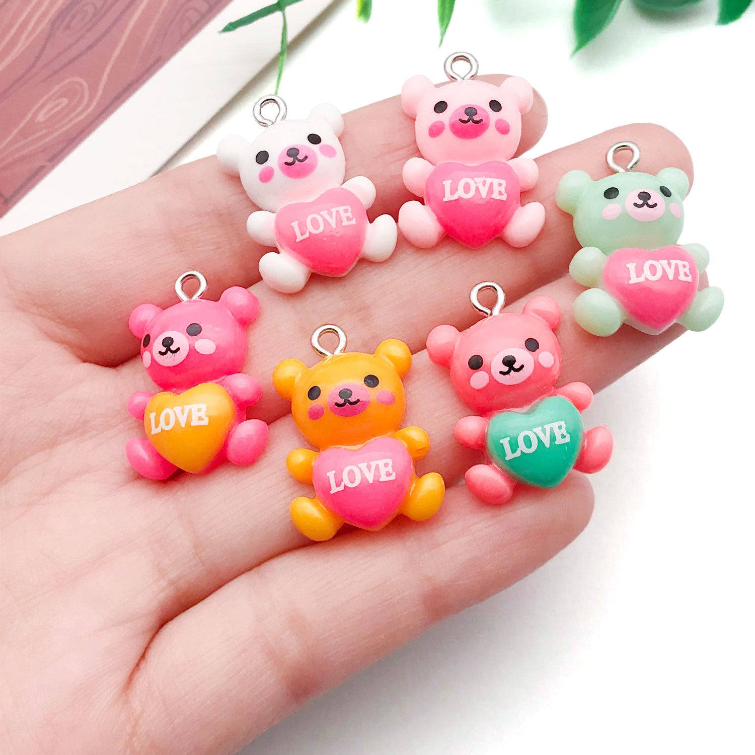 Colorful Resin LOVE Bear Charm Pendant for DIY Bracelet Earrings Necklace Jewelry