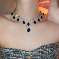 Silver Tone Blue Teardrop Necklace And Long Earrings With Halos view 3