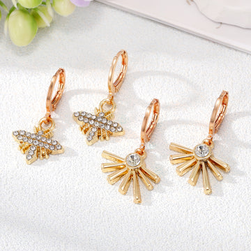 Gold Tone Crystal Bee and Sunburst Huggie Drop Earrings
