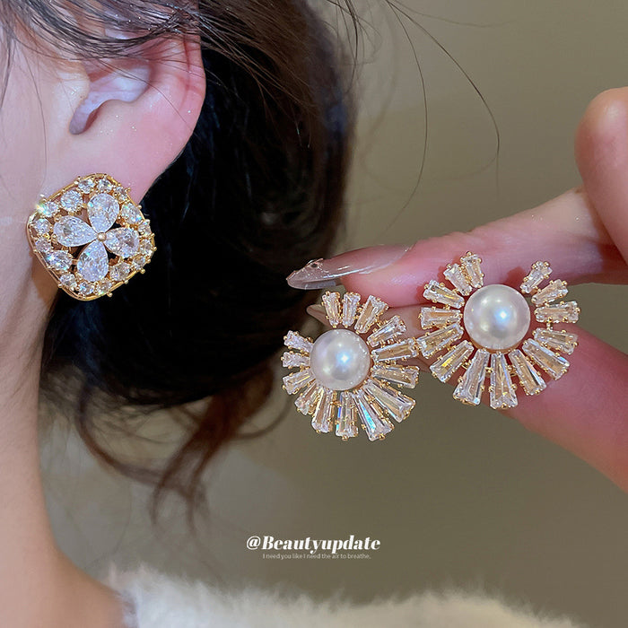 Gold Tone Round Crystal Cluster Stud Earrings With Floral Pattern