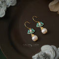 Gold Turquoise Enamel Ruyi Motif Pearl Drop Earrings view 3