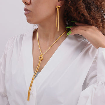 Knot Snake Chain Lariat Necklace Matching Tassel Drop Earrings