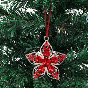 Rhinestone Five Petal Flower Christmas Tree Ornament, Silver Tone Metal